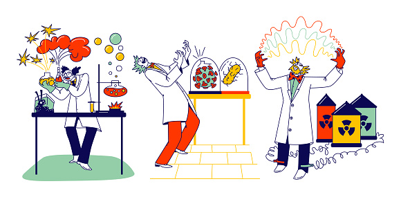 Crazy Chemist Characters, Mad Scientist Conduct Experiments in Scientific Laboratory with Nuts Expression on Face, Mix Liquids in Flasks, Grow Virus and Electricity. Linear People Vector Illustration