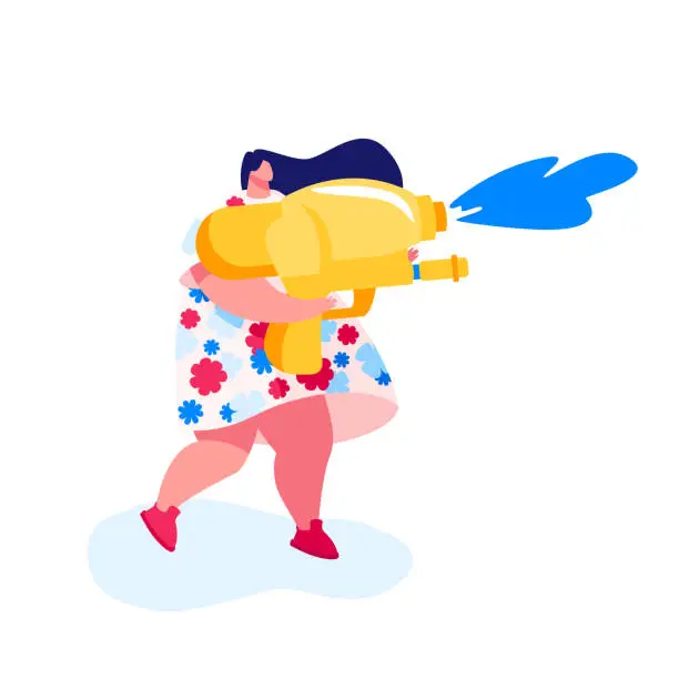 Vector illustration of Happy Woman Playing and Shooting with Water Gun in Hot Summer Time Season Weather. Female Character Splashing on Street. Thailand New Year Tradition, Joy. Water Fun Battle. Cartoon Vector Illustration