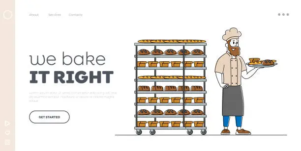 Vector illustration of Bakery and Baked Food Production and Manufacture Landing Page Template. Baker Character in Uniform Hold Tray with Various Fresh Hot Baked Bread Loafs Just Taken from Oven. Linear Vector Illustration