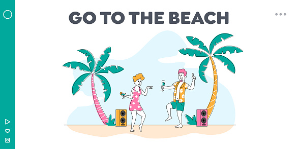 Couple Relax, Beach Party on Exotic Tropical Resort Landing Page Template. Young People Characters Dancing and Drinking Cocktails on Seaside at Summer on Tropical Coastline. Linear Vector Illustration