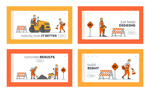 Road Repair Landing Page Template Set. Construction Machines and Working Characters Making Asphalt Maintenance. Rolling Heavy Vehicles Machinery and Warning Signs. Linear People Vector Illustration