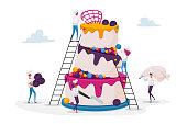 istock People Cook Festive Cake with Cream and Berries. Tiny Characters in Chef Uniform and Cap Decorating Huge Pie. Teamwork, Bakery, Giant Dessert for Birthday or Wedding. Cartoon Vector Illustration 1237467613