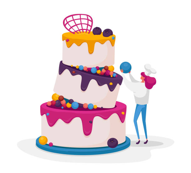 ilustrações, clipart, desenhos animados e ícones de pequena confeiteira ou personagem feminina de padeiro em uniforme chefe e toque decore bolo festivo enorme para casamento ou aniversário. torta de cozimento baker com creme, mousse e esmalte. ilustração do vetor de desenho animado - sweet food cake food small