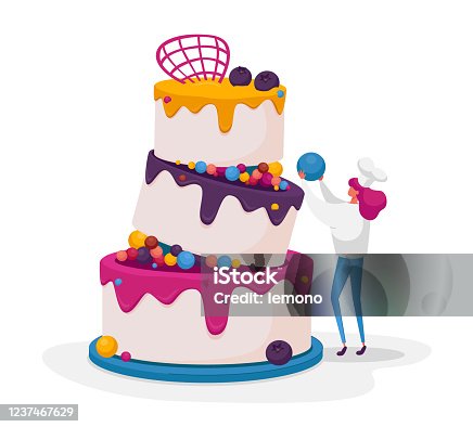 istock Tiny Confectioner or Baker Female Character in Chief Uniform and Toque Decorate Huge Festive Cake for Wedding or Birthday. Baker Cooking Pie with Cream, Mousse and Glaze. Cartoon Vector Illustration 1237467629
