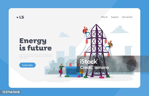 istock Energy Station Powerline in City Landing Page Template. Electrician Workers Characters with Tools, Equipment Electric Transmission Tower Maintenance, Line Poles. Cartoon People Vector Illustration 1237467648