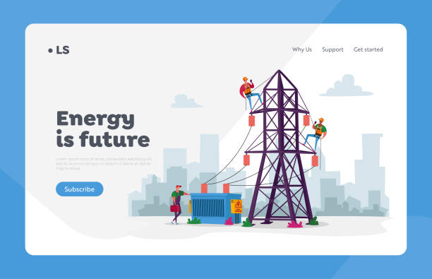 Energy Station Powerline in City Landing Page Template. Electrician Workers Characters with Tools, Equipment Electric Transmission Tower Maintenance, Line Poles. Cartoon People Vector Illustration Energy Station Powerline in City Landing Page Template. Electrician Workers Characters with Tools, Equipment Electric Transmission Tower Maintenance, Line Poles. Cartoon People Vector Illustration tower illustrations stock illustrations