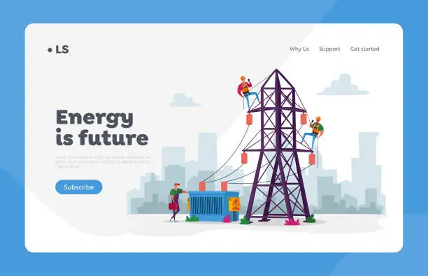 Vector illustration of Energy Station Powerline in City Landing Page Template. Electrician Workers Characters with Tools, Equipment Electric Transmission Tower Maintenance, Line Poles. Cartoon People Vector Illustration