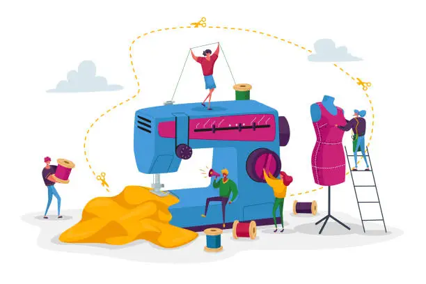 Vector illustration of Creative Atelier Fashion Design. Dressmakers Characters Create Outfit and Apparel on Sewing Machine, Assistant Working with Mannequin. Tailor Textile Craft Business. Cartoon People Vector Illustration