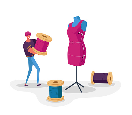 Sewing Workshop and Atelier Worker Concept. Tailor or Dressmaker Profession, Man Character Holding Skein Thread at Huge Dummy. Textile Clothing Manufacturing, Fashion. Cartoon Vector Illustration