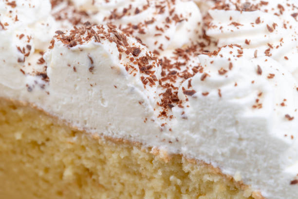 Detail of a 'Tres Leches' or Three-Milk Cake. Close up of a slice from the sweet bakery product