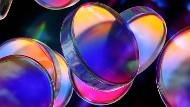 Beautiful colorful rollers dispersion the light on black background. Cylinder dispersion glass objects. 3D illustration