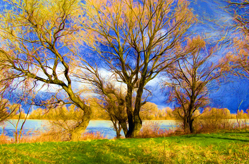 Oil landscape painting showing trees on the riverbank in autumn.