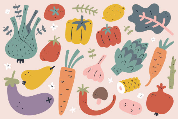 illustrazioni stock, clip art, cartoni animati e icone di tendenza di set di verdure e frutta, illustrazione di doodle disegnata a mano, clipart vettoriale moderna, pomodoro, aglio e cipolla, prodotti agricoli per la raccolta, alimenti integrali oragnici isolati su sfondo bianco - healthy eating onion vegetable ripe