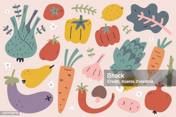 Vegetable And Fruit Set Hand Drawn Doodle Illustration Modern Vector Clipart Tomato Garlic And Onion Agriculture Harvest Products Oragnic Whole Foods Isolated On White Background Stock Illustration - Download Image Now