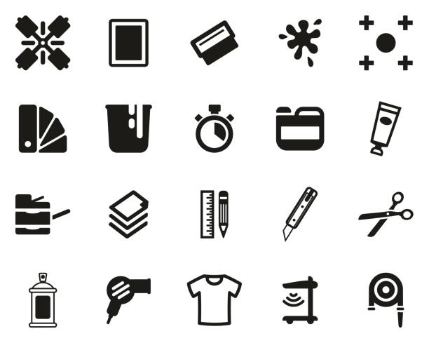 Screen Printing Icons Black & White Set Big This image is a vector illustration and can be scaled to any size without loss of resolution. screen printing stock illustrations