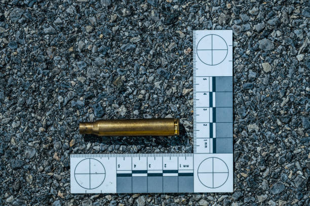 Bullet casings on asphalt Crime scene with close up of bullet casings evidence stock pictures, royalty-free photos & images