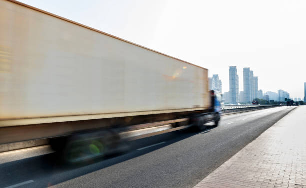 istock Truck speeding on city viaduct 1237546255