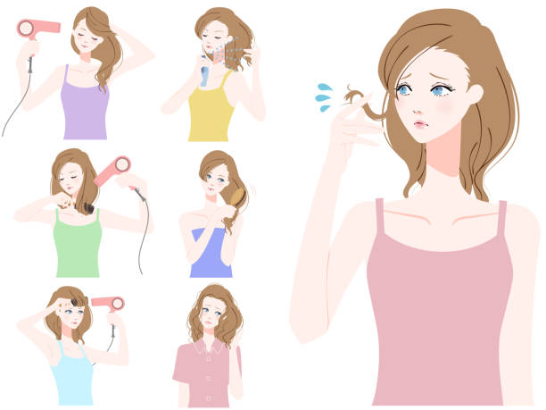 Hair care women Illustration of a woman who takes care of hair tousled stock illustrations