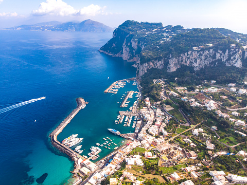 Aerial drone view of Capri island. Sunny summer day. Italy landscape