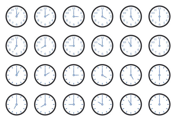 ilustrações de stock, clip art, desenhos animados e ícones de analog clock icons. two tone flat design. vector illustration. - minute hand number 10 clock hand number 11