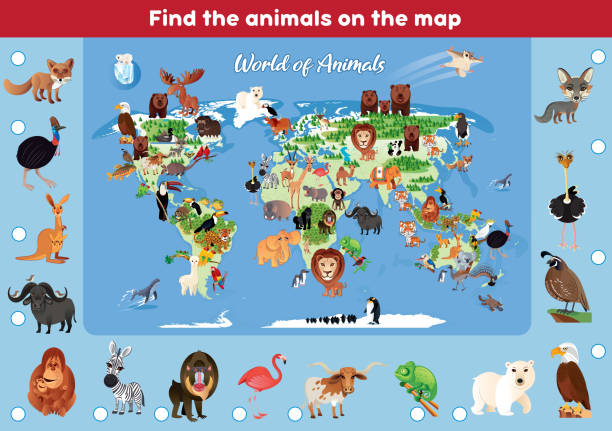 ilustraciones, imágenes clip art, dibujos animados e iconos de stock de encuentra los animales en el mapa - monkey baboon elephant ape