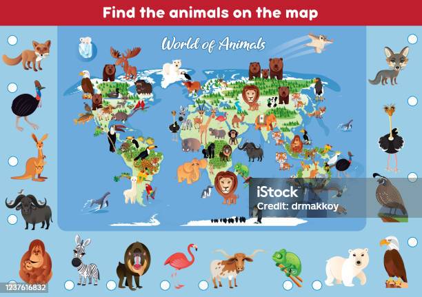 Find The Animals On The Map Stock Illustration - Download Image Now - Animal,  World Map, Worksheet - iStock