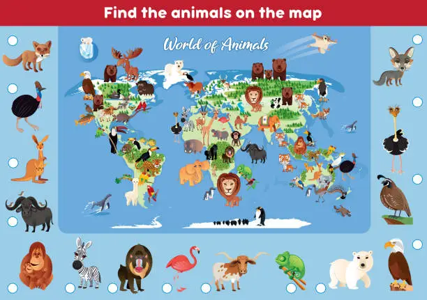 Vector illustration of Find the animals on the map