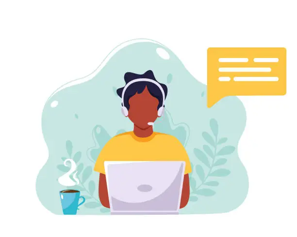Vector illustration of Black man with headphones and microphone working on laptop. Customer service, assistance, support, call center concept. Vector illustration in flat style.