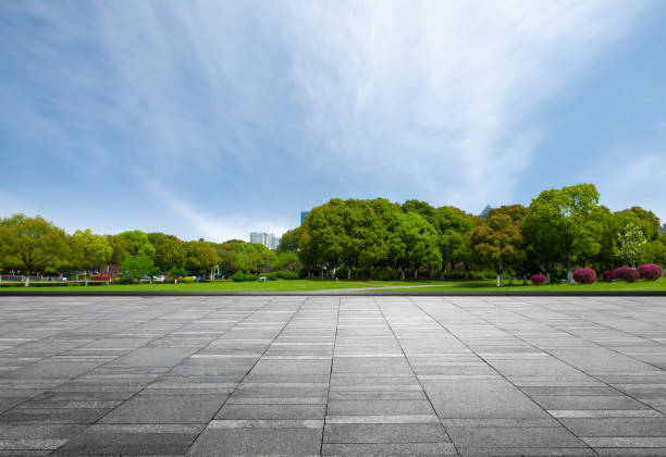 Marble square in front of dense woods of city park under clear sky Marble square in front of dense woods of city park under clear sky pavement stock pictures, royalty-free photos & images