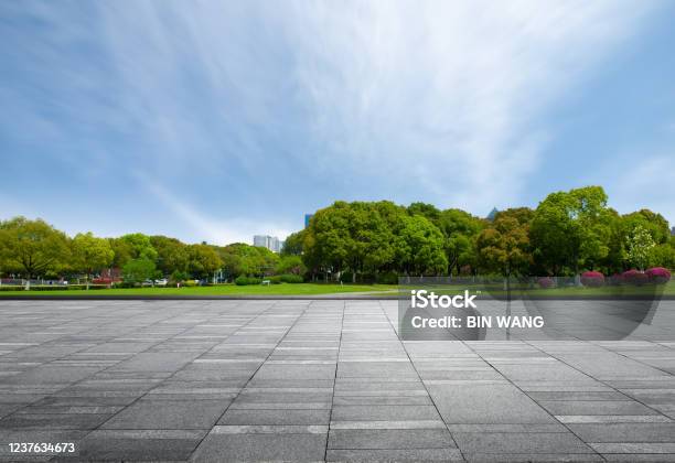 Marble Square In Front Of Dense Woods Of City Park Under Clear Sky Stock Photo - Download Image Now