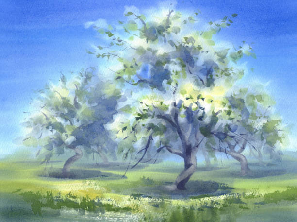 istock Flowering sunny garden in spring watercolor background 1237635192