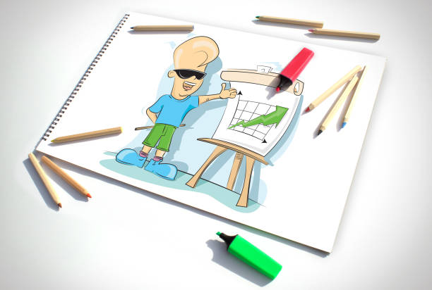 Top view of wooden desktop with iron mug, supplies, glasses and sketch of man and light bulb. Idea concept. 3D Rendering