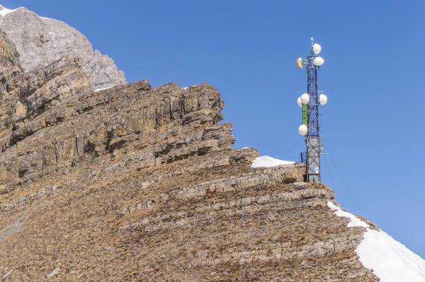 istock Telecommunication tower with antennas and satellite dish. Development of communication systems in mountain areas. Modern Business Communication. 1237681116