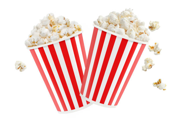 istock Red striped carton cups with delicious popcorn on white 1237718055