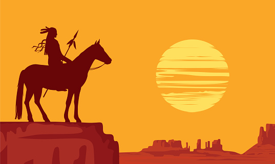 Vector landscape with wild American prairies and silhouette Native American on horseback with spear at orange sunset. Decorative illustration on the theme of the Wild West. Western vintage background