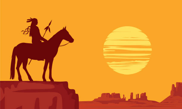 Western landscape with the silhouette Native American Vector landscape with wild American prairies and silhouette Native American on horseback with spear at orange sunset. Decorative illustration on the theme of the Wild West. Western vintage background chiefs stock illustrations