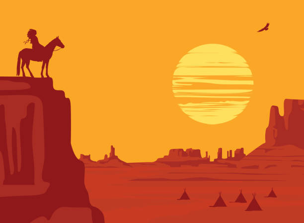 westliche landschaft mit der silhouette eines indischen - silhouette landscape cliff mountain stock-grafiken, -clipart, -cartoons und -symbole