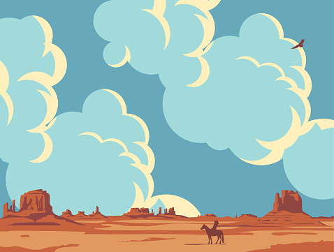 Hot prairies and the silhouette of Native American on a horse. Vector landscape with a lone rider in the desert on the background of cloudy sky. Decorative illustration on the theme of the Wild West.