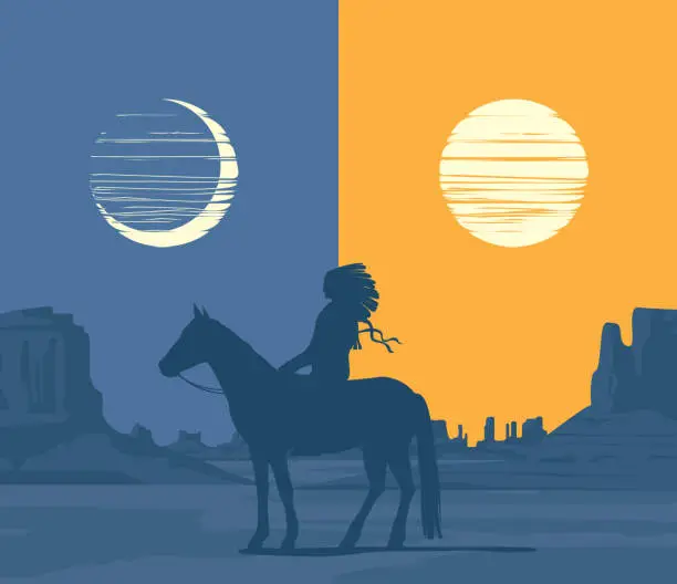 Vector illustration of Western landscape with the silhouette of an Indian