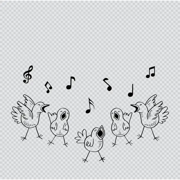 Vector illustration of Cute five little chick cartoon singing