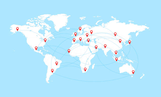 ilustraciones, imágenes clip art, dibujos animados e iconos de stock de mapa mundial con fronteras de países y punteros de ubicación rojos. - world location