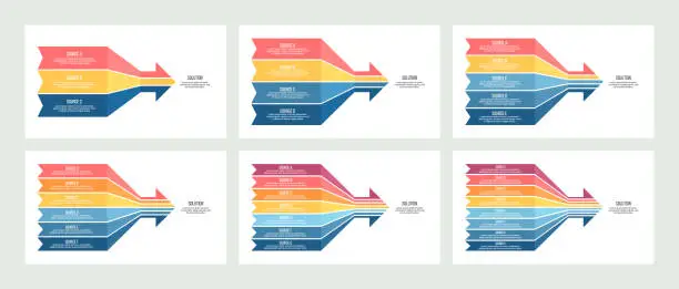 Vector illustration of Business infographic. Arrow chart with 3, 4, 5, 6, 7, 8 options, sections. Vector template.