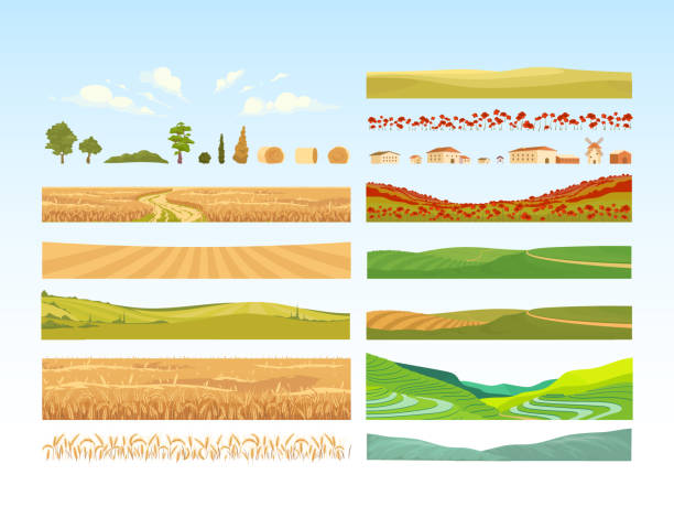 Agriculture cartoon vector objects set Agriculture cartoon vector objects set. Farmland constructor. Crop fields, wheat, poppies, trees and hills. Farming flat color illustrations collection. Village isolated pack on blue background agricultural field stock illustrations