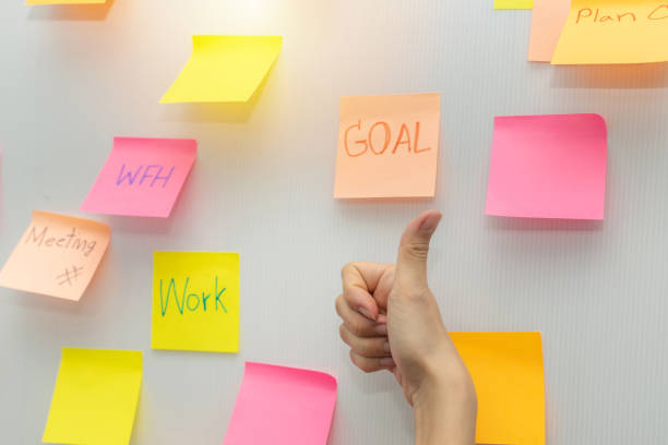 istock Goal. business woman showing thumbs up with colored sheets sticky note paper on white board background in office, business meeting, brainstorming, creative, digital online marketing, financial concept 1237785394