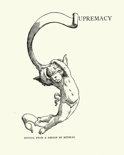 Cherub and scroll, Capital letter S, Victorian Vintage illustration of Cherub and scroll, Capital letter S, Victorian cherub stock illustrations