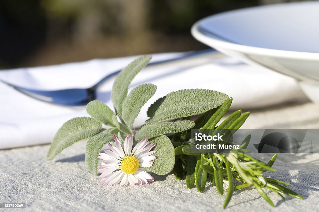 Place setting with herbs Place setting with herbs close-up Color Image Stock Photo