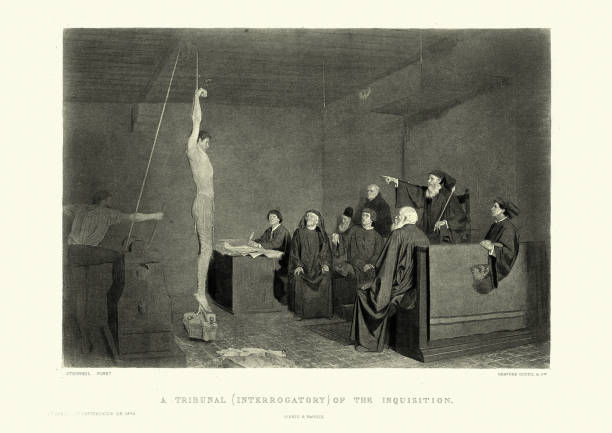 Man being tortured by the spanish inquisition, forced confession Vintage illustration of tribunal (interrogatory) of the inquisition. After the painting by Adolphe Steinheil. Man being tortured by the spanish inquisition, forced confession hanging by a rope around the wrists with wieghts attached to his feet interview event patterns stock illustrations