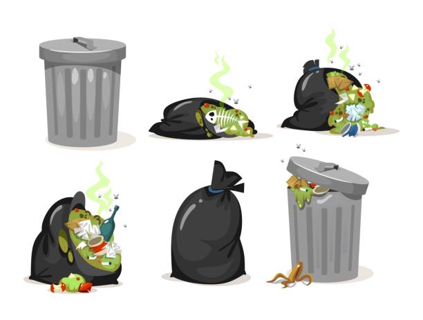 Black trash bags and garbage metal can set Black trash bags and garbage metal can set vector illustration. Falling rotten smelly rubbish and leftovers cartoon design. Ecology and environment concept. Isolated on white background garbage can stock illustrations