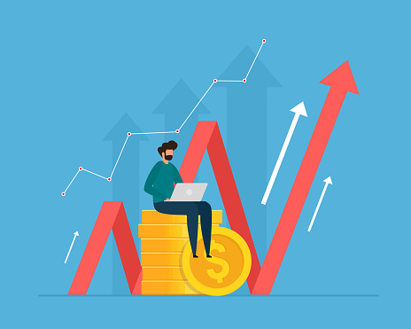 Investment and analysis money cash profits. Successful investor or entrepreneur making investing plans. Financial consulting, investment and savings. Vector illustration.