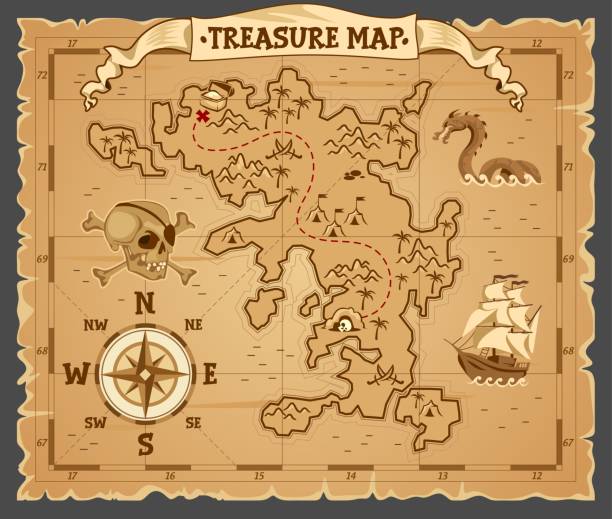 ilustraciones, imágenes clip art, dibujos animados e iconos de stock de mapa del tesoro pirata en el pergamino antiguo en ruinas - mapas de tesoros